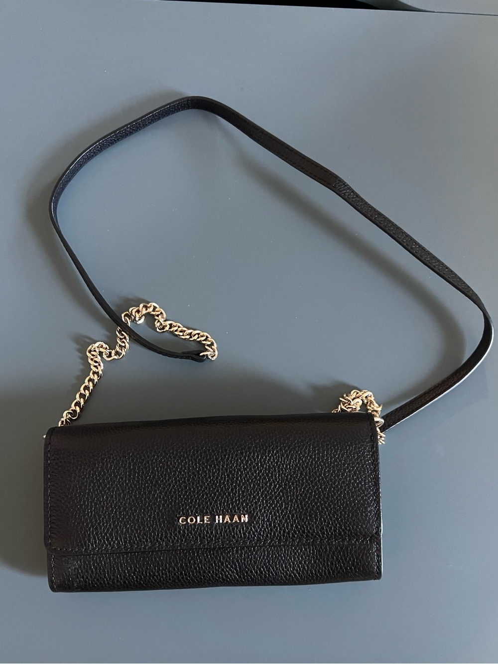 Cole Haan Black Leather Crossbody Wallet with Gold Chain Accent